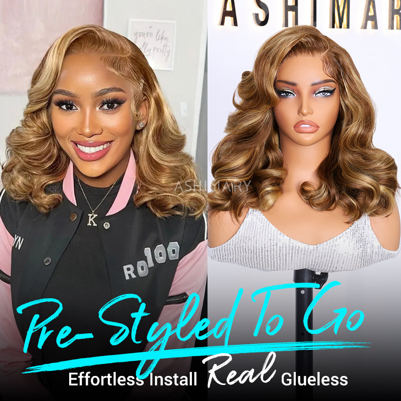 Blonde Highlight Pre-Styled Body Wave Ready To Go Glueless Layer Wavy Bob Wig With Baby Hair