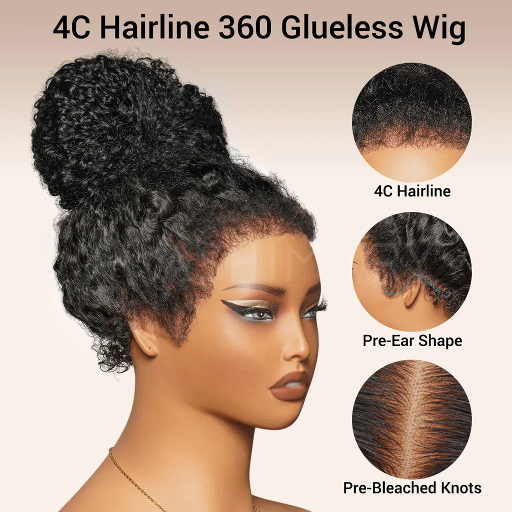 Kinky Curly 4C Edges Invisi Strap Laid Flat 360 Transparent Lace Wig Pre Bleached Knots with Curly Baby Hair All Around