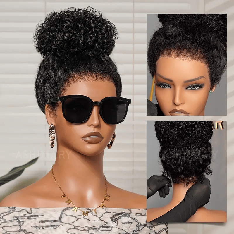 Kinky Curly 4C Edges Invisi Strap Laid Flat 360 Transparent Lace Wig Pre Bleached Knots with Curly Baby Hair All Around