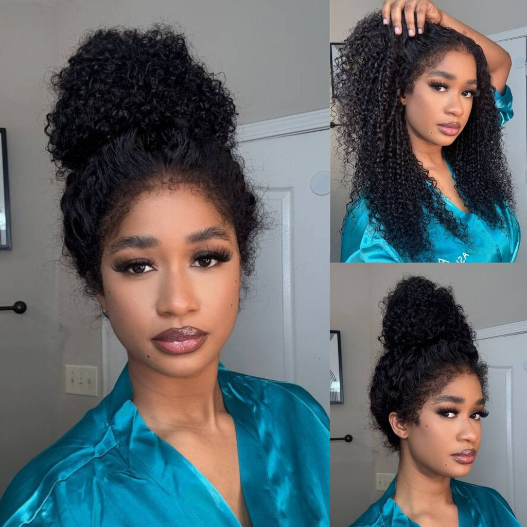 Kinky Curly 4C Edges Invisi Strap Laid Flat 360 Transparent Lace Wig Pre Bleached Knots with Curly Baby Hair All Around