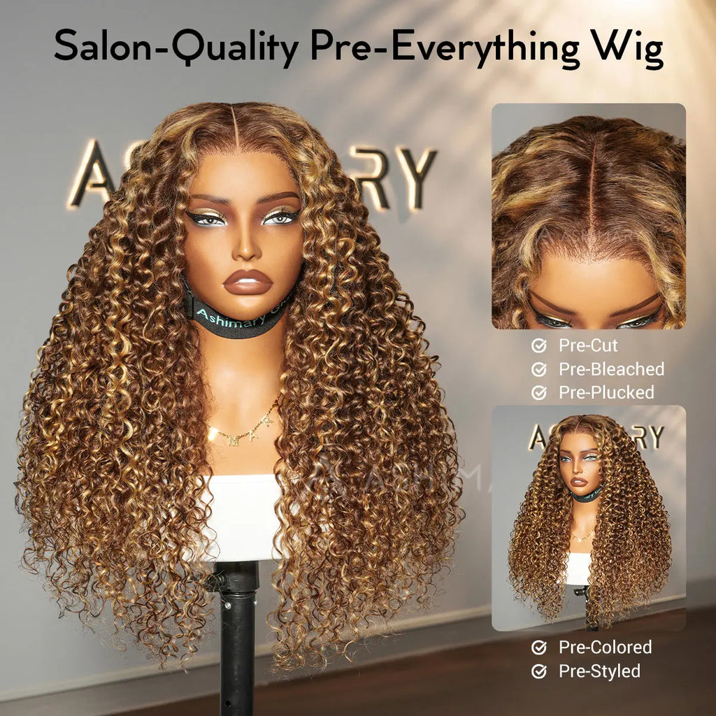 Honey Blonde Highlight Water Wave Pull Go 13x6 Full Skin Lace Wig Tiny Knots Glueless Wig