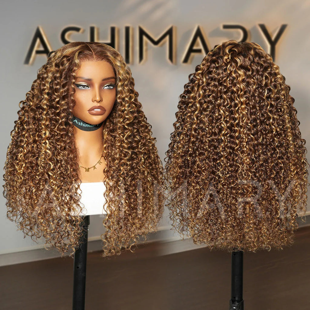 Honey Blonde Highlight Water Wave Pull Go 13x6 Full Skin Lace Wig Tiny Knots Glueless Wig